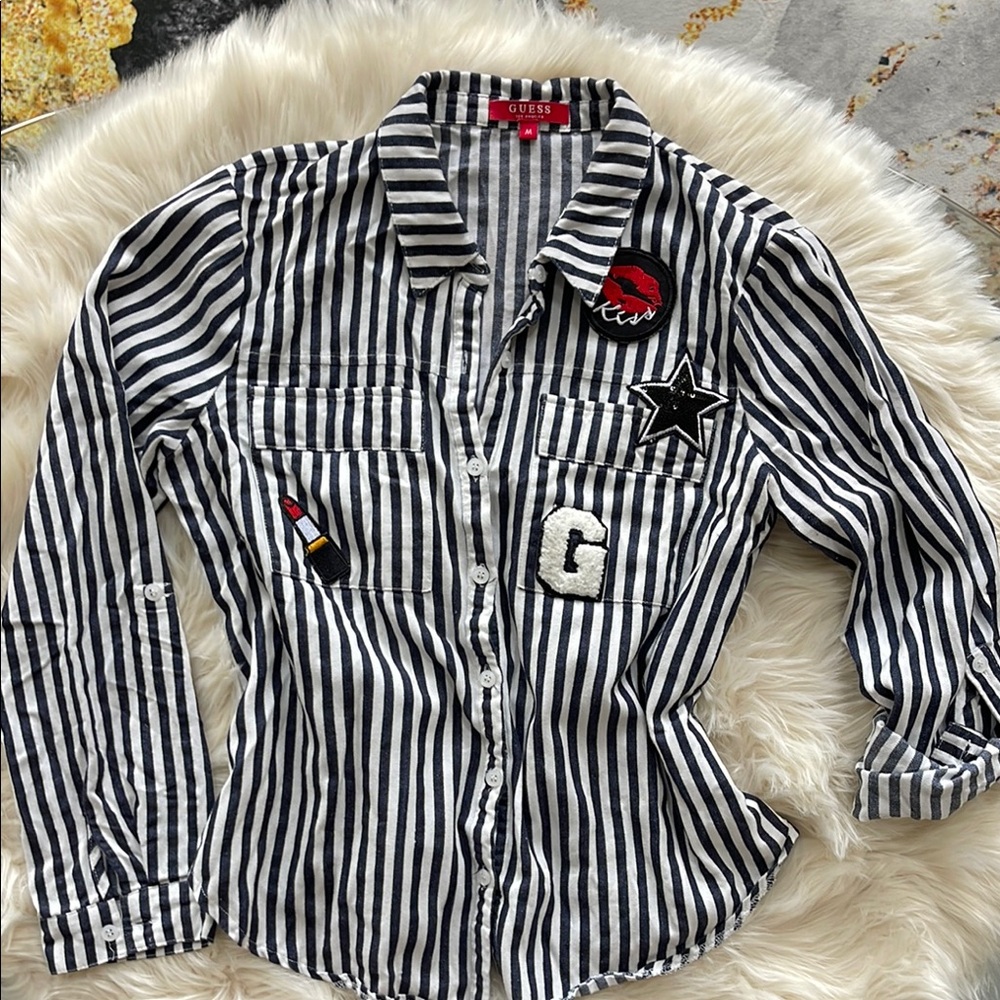 Guess Black and White Striped Shirt with Patches